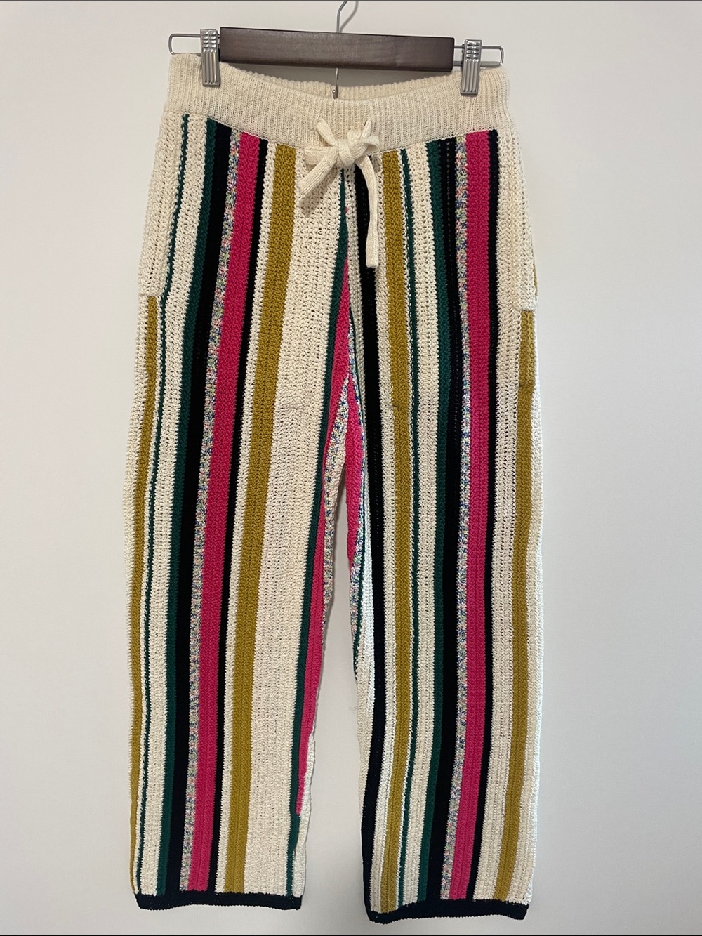 Zara Cream Knit Sweatpants with Pink, Green & Mustard Stripes